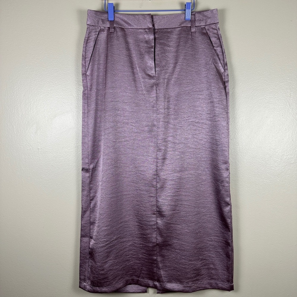 Liz Claiborne Women's 8 Midi Skirt Elderberry Purple Satin Shimmer Back Slit NEW